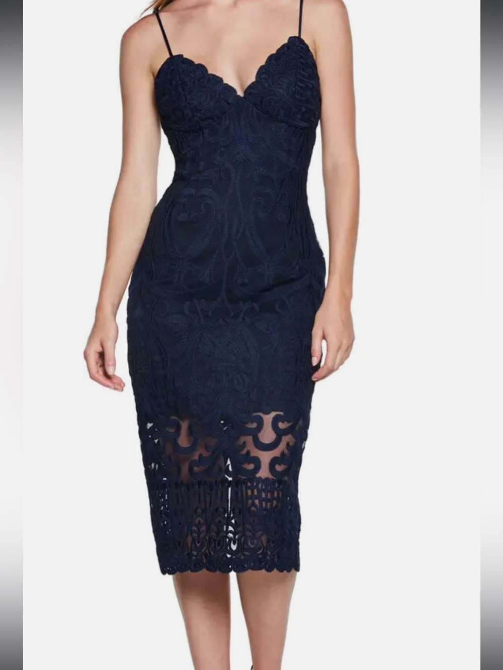 Bardot Navy Lace Midi Dress with Spaghetti Straps